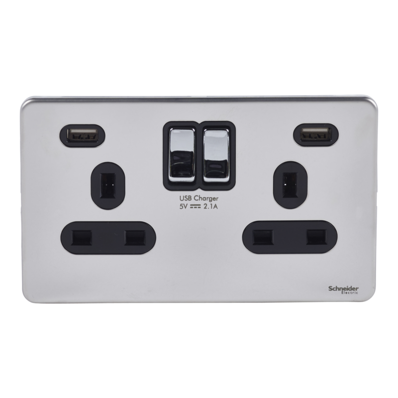 Schneider Ultimate Switched Socket 2 USB Charger 2-Gang 13A Polished Chrome